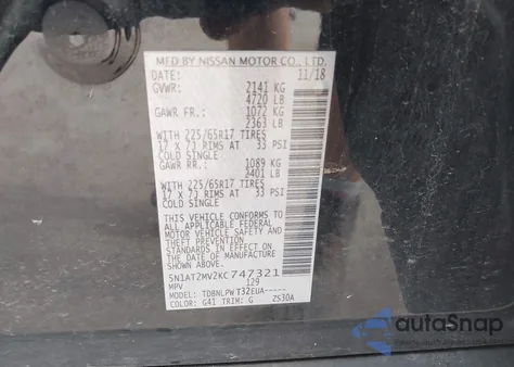 2019 Nissan Rogue S z USA, uszkodzony, nr VIN 5N1AT2MV2KC747321